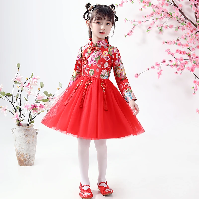 Китайская Новогодняя одежда зимнее платье для девочек принцессы пачка Вечерние
