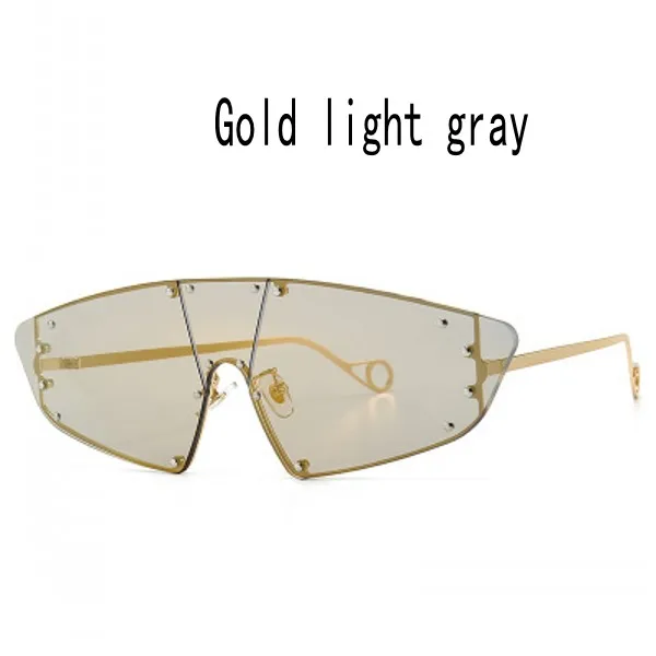 Gold light gray JASPEER, модные солнцезащитные очки Rihanna, женские, Ретро стиль, зеркальные, мужские, оттенки, без оправы, очки, люксовый бренд, металлические заклепки, тренд, женские очки - Цвет линз: Gold light gray