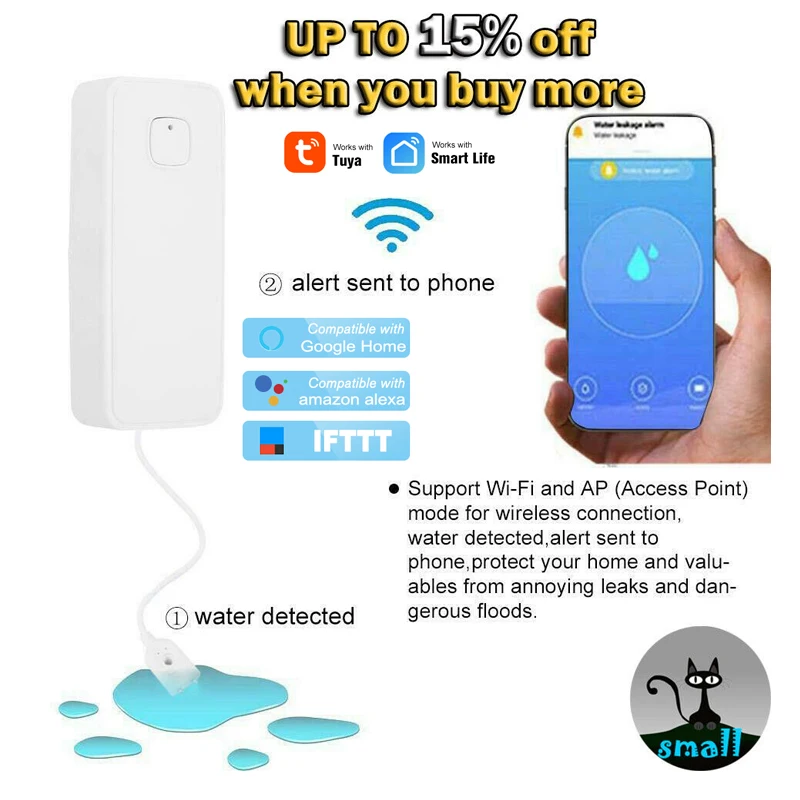 Датчик утечки воды, Wi-Fi, уровень утечки, сигнализация, детектор бака, защита от перелива, Tuya Smart Life App, домашний пульт дистанционного управления