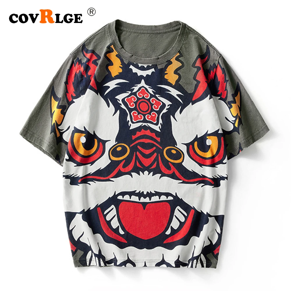 Spring Summer National Retro Chinese Style Lion Dance Short-sleeved T-shirt Male Street Hip-hop Tide Half-sleeved Shirt MTS598