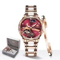 olevs luxury women mechanical skeleton watches set with diamond ceramic and stainless steel strap band elegant bracelet gift kit
