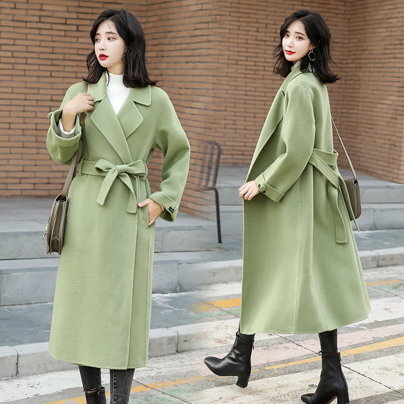 

Шерстяное пальто с поясом женское средней и длинной корейской версии Новинка Осень-зима 2021 облегающее однотонное тонкое шерстяное пальто