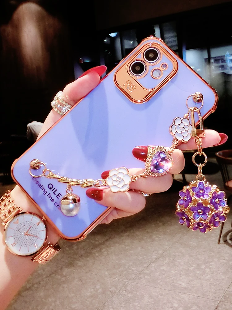 Luxury Plating Glitter Bling Camellia Gem Bracelet Flower Pendant Phone Case For IPhone 12 11 Pro XS MAX XR X 7 8 Plus Cover | Мобильные
