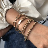 4pcsset gold color thick chain bracelets on hand female layered bracelet 2021 fashion wrist jewelry girl party gift