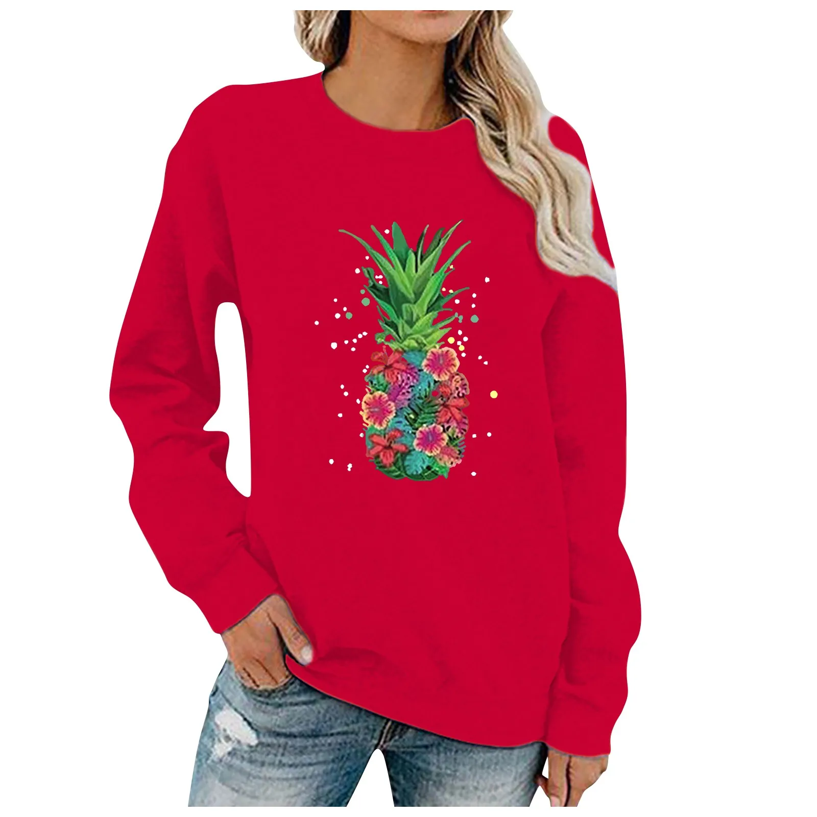 Женские Простые топы с круглым вырезом топ мультяшным принтом ананаса и длинным