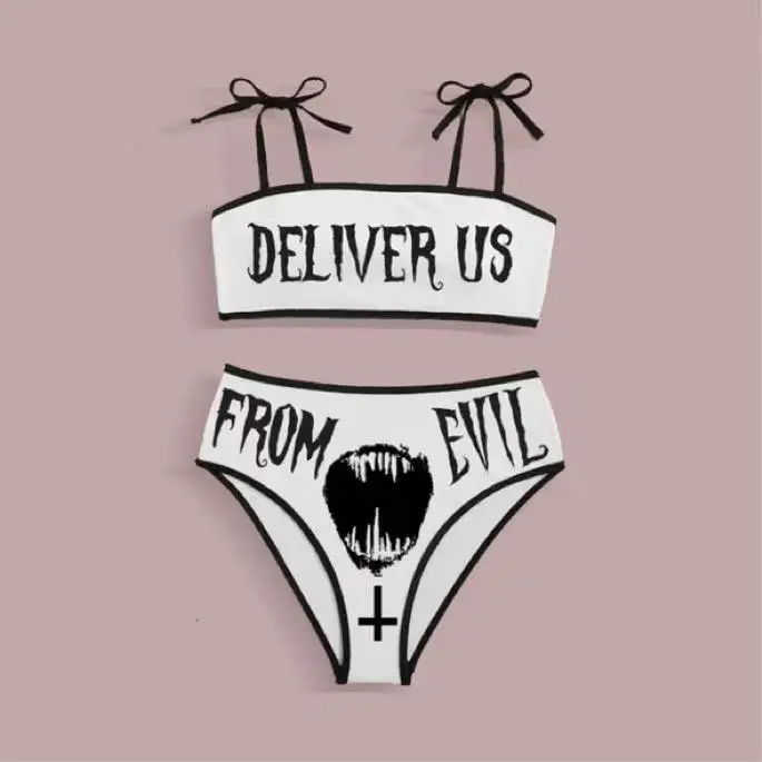 

Women Funny Printed 2Pcs Bikini Suits Deep V-neck Detachable Breast Pad Sling Tops with Triangle Bottoms Swimsuits 2021 New