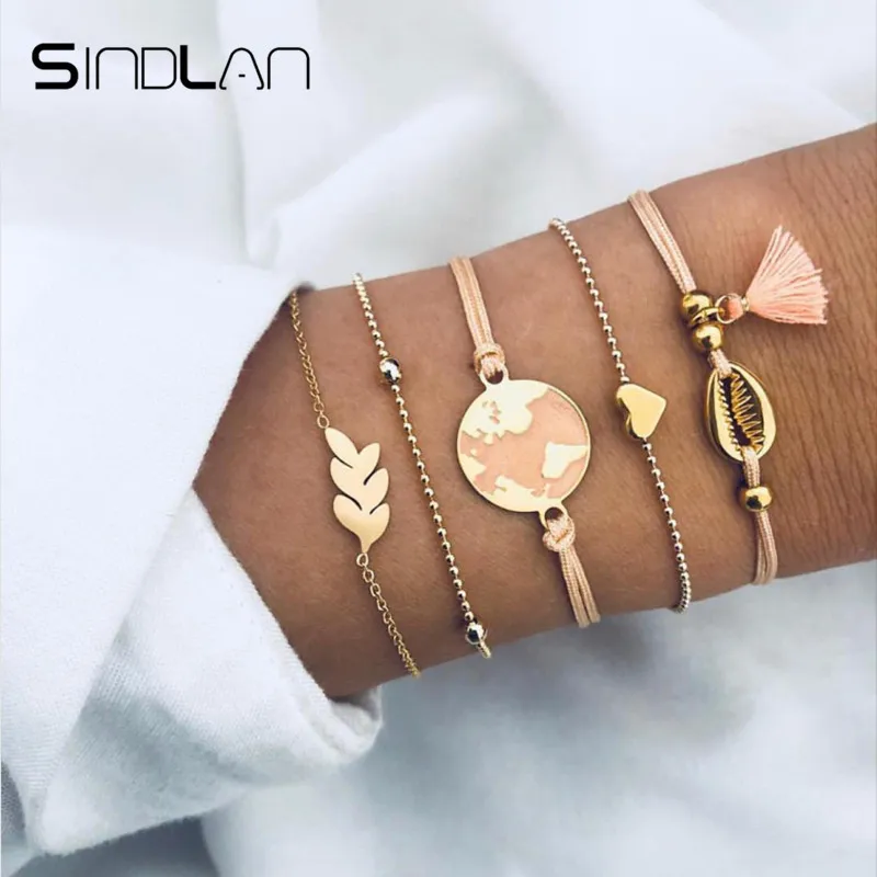 Sindlan 5 шт. сусальное золото в виде ракушки браслеты с кисточкой для женщин Карта