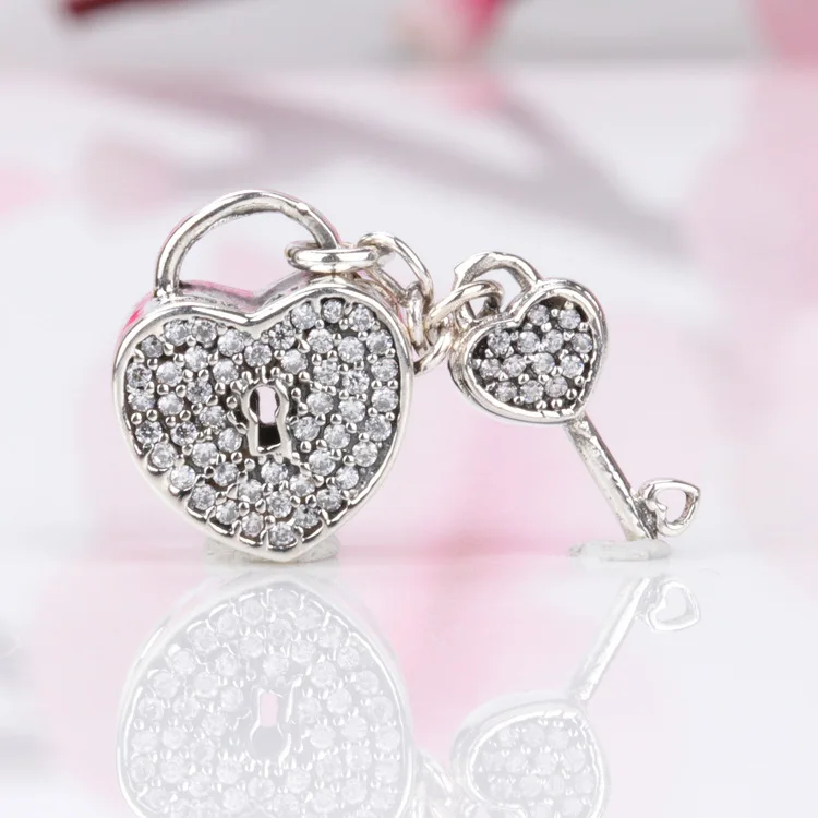 

925 Sterling Silver Heart-shaped Lock Key Love Heart Beads Fit Original Bracelet Necklace