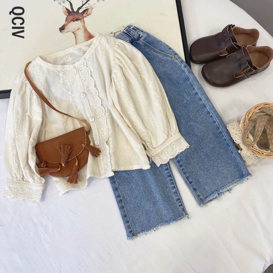 

New Girls Clothes Embroidery Shirt Single Breast Kids Blouse Lace Base Tops