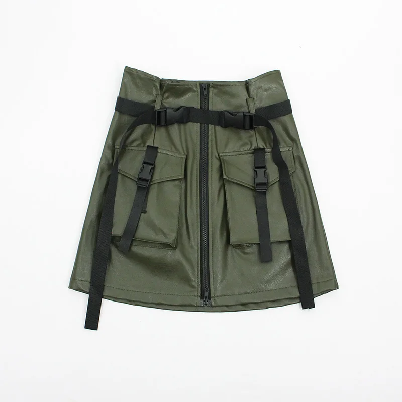leather green Модная юбка зима кожа Женская юбка ремень карман молния панк стиль мини-юбка уличная одежда - Цвет: leather green