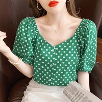 new 2021 sweet dot chiffon women blouse chic button white top petal sleeve flower square collar shirt blusas clothing