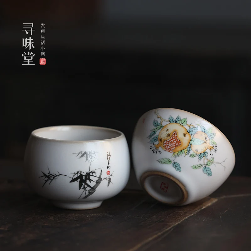 

Yuebai Ru Kiln National Style Tea Cup | Retro Tea Cup Tea Cup Four Gentlemen Master Cup Pomegranate Single Cup Ceramic Tea