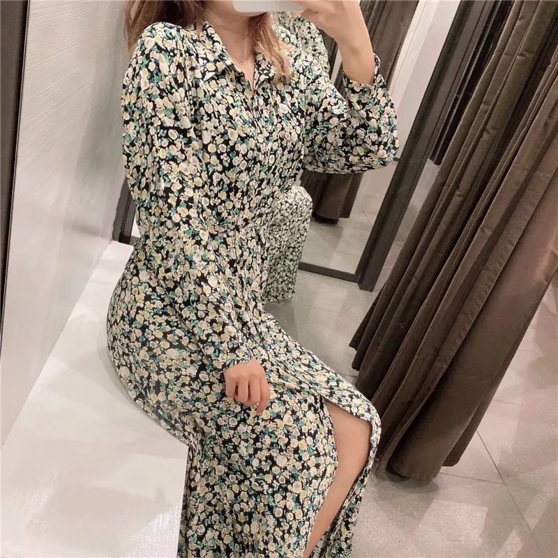 

TMODA1833 2021 Autumn Women Vintage Turn Down Collar Party Shirt Dress Floral Print Elastic Waist Female Midi Dresses Vestidos