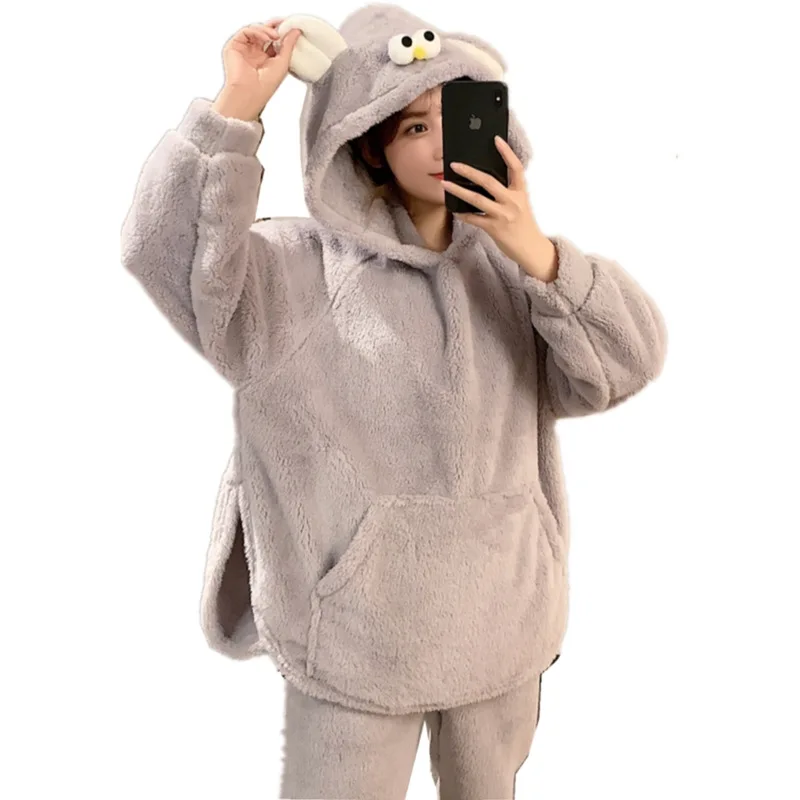 

2020 Autumn Spring Women Pajamas Flannel Hooded Warm Long Sleeve Two Piece Suits Soild Fashion Sleepwear Casual Loose Sweet