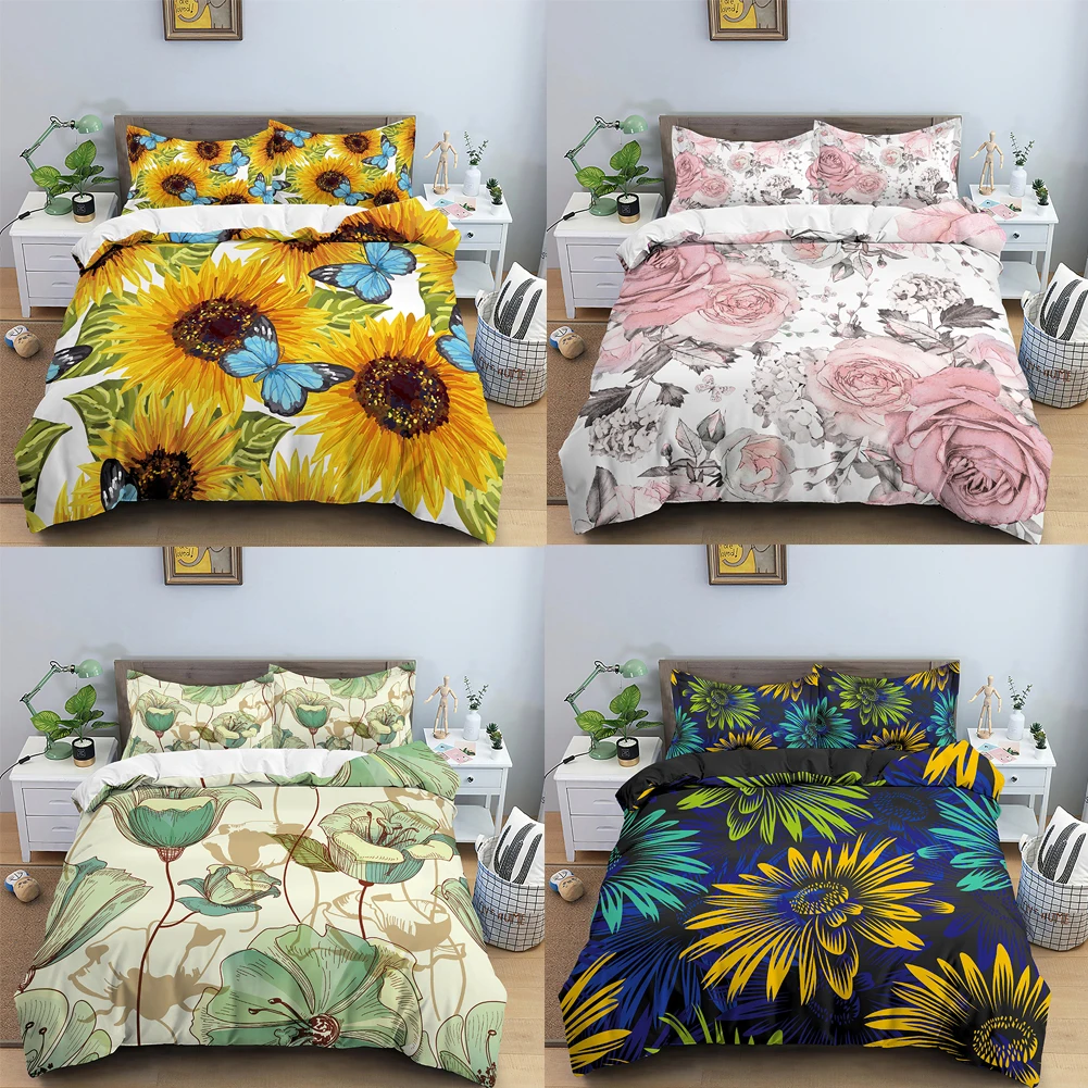

3D Duvet Cover Set Sunflower Butterfly Printed Design Bedding Sets King Queen Twin Size 1 Duvet Cover with 1/2pc Pillow Case