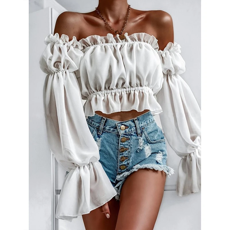 

Autumn Women Elegant Printed Blouses Fashion Sexy Slash Neck Long Sleeve Pullover Top Elegant Puff Sleeve Super Short Shirt 2021
