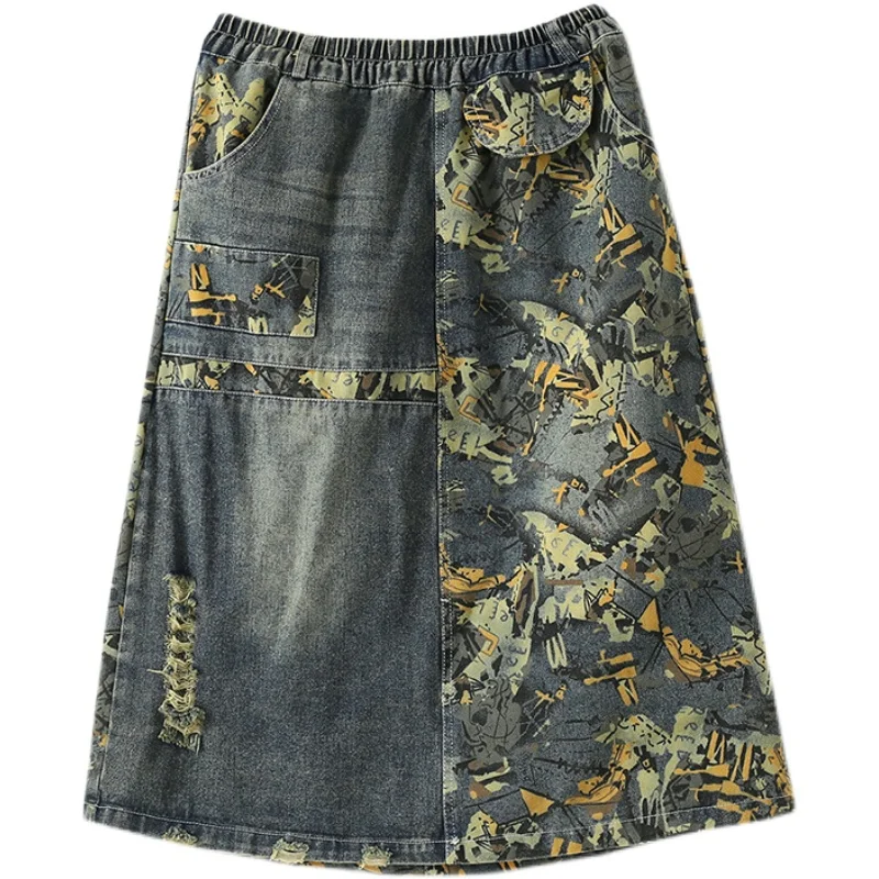 

Summer Women's New Printed Panel Ripped Denim Skirt