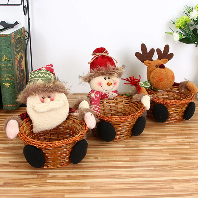 

Merry Christmas Candy Wicker Basket Santa Claus Elk Snowman Food Fruit Storage Basket Home Christmas Party Decoration Kids Gift