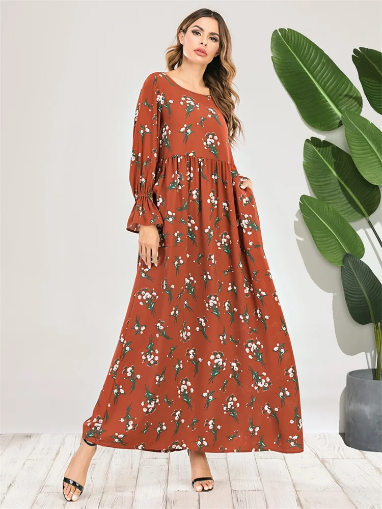

Siskakia Elegant Ethnic Floral Maxi Dress O Neck Long Sleeve Slim High Waist Swing Arabic Muslim Clothes Orange Autumn 2020 New