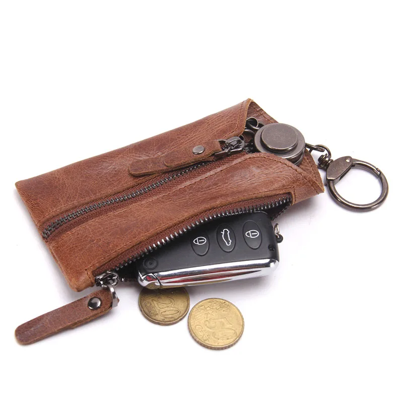 10PCS / LOT Genuine Leather Vintage Key Wallet Keychain Covers Zipper Key Case Bag Men Women Housekeeper Keychain Bag