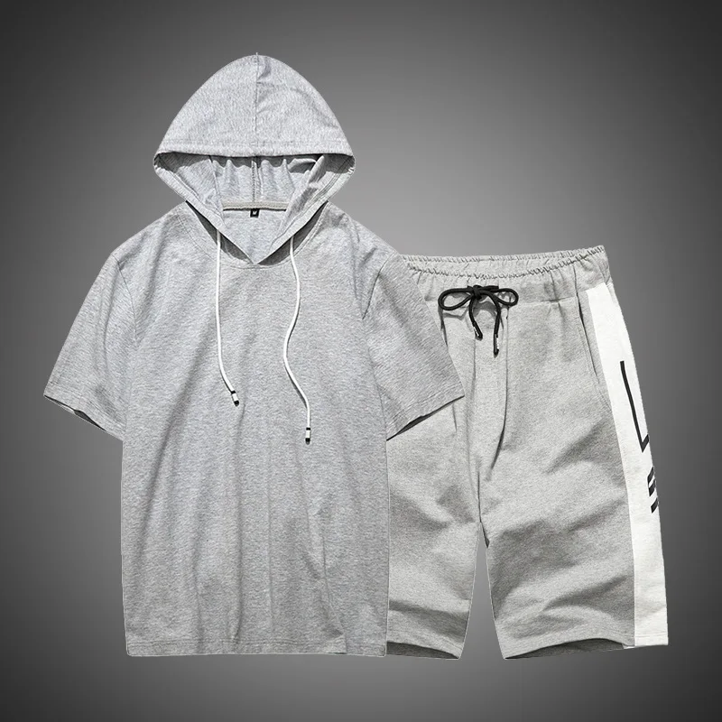 

Men's two-piece sportswear latest style suit fitness trainer running Summer suit men short-sleeved hooded top shorts Set Outdoor