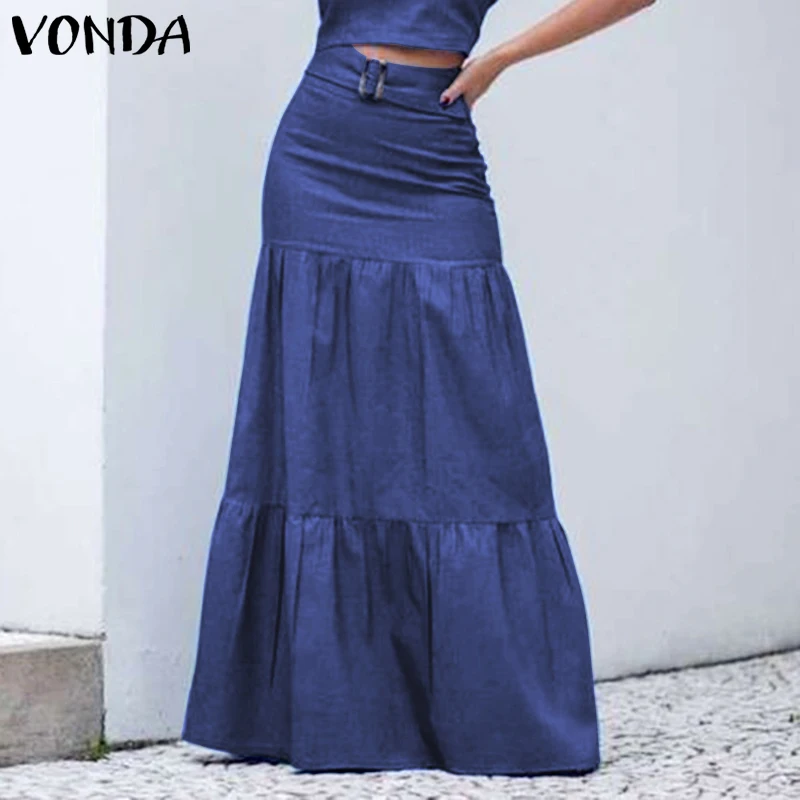

Женские длинные юбки VONDA 2021, осенние модные плиссированные юбки макси с эластичной талией и оборками, винтажные джинсовые юбки для вечевече...