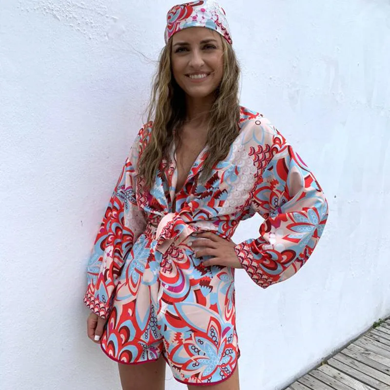

Vintage Totem Floral Print Women Shirt Hot Shorts Casual Sets Spring Summer Single Breasted Chic Female Clothes Streetwear