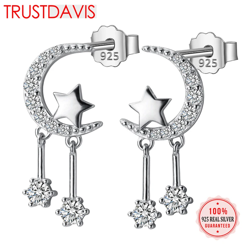 Trustdavis 925 пробы серебряные серьги ювелирные изделия Мода CZ луна& серьги-гвоздики "Звёзды" подарок для школьниц подростков леди DA225