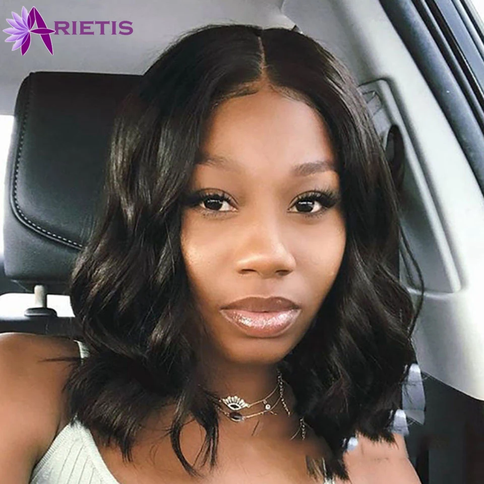Arietis Body Wave 13x1 Lace Front Human Hair Wigs For Black Women Brazilian Remy Short Bob Closur Wig Pre-plucked With Baby | Шиньоны и