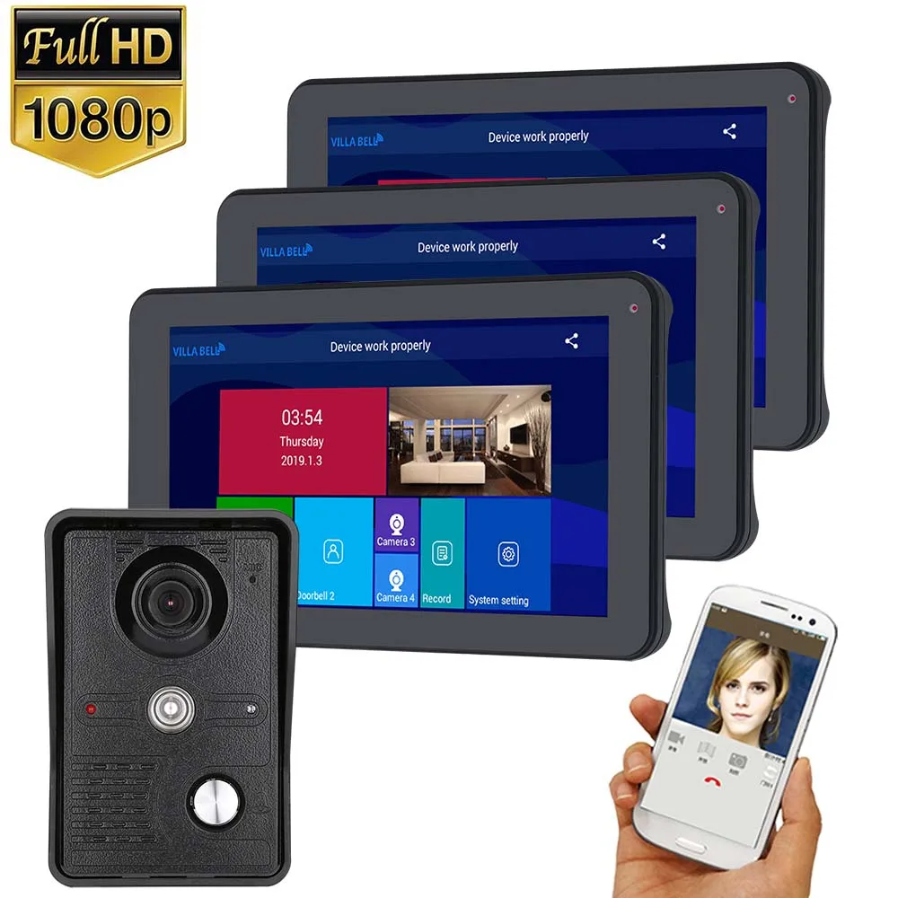 

9 Inch Wireless Wifi Smart IP Video Doorbell Intercom System ,3xTouch Screen Monitor with 1x1080P Wired Door Phone Camera