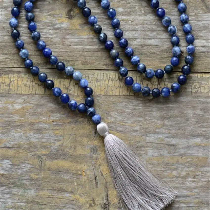 8мм Содалитовые Каменные 108 Бусины Будда С Бахромой Ожерелье МАНАС Благословение Удача Унисекс Ручная работа Молитва Исцеление Запястье Натуральное