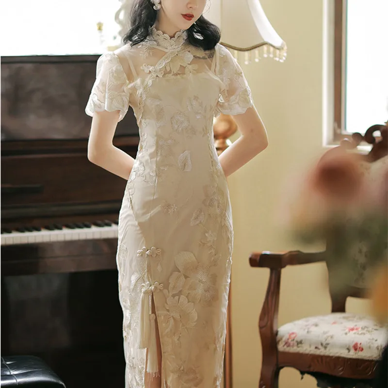 

Женское Сетчатое платье-Ципао с вышивкой и разрезом