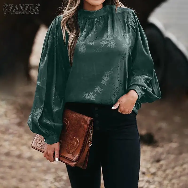 

Female Tops 2022 Fashion Floral Satin Blouse Women Casual Long Puff Sleeve O Neck Shirt ZANZEA Elegant Bohemian Holiday Chemise