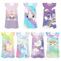 kidswant cartoon unicorn pattern clothing for teen girls fashion fly sleeve loose dress kids summer clothes 7 12 years