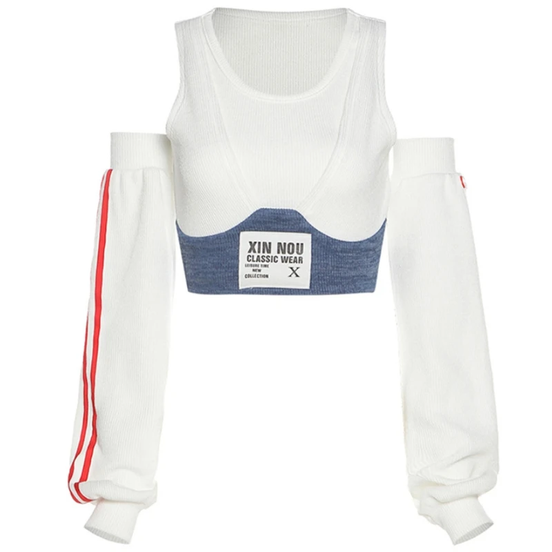 

Women Long Sleeve Off Shoulder Crop Top Contrast Color Letters Ribbed T-Shirt D08E