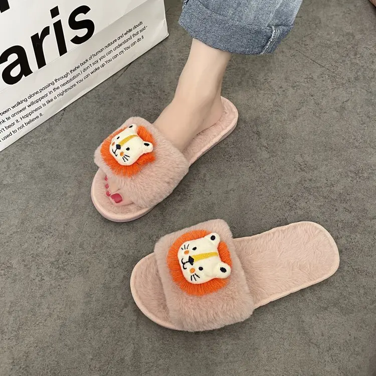 Winter Household Ladies Cotton Slippers Cute Little Lion Decoration Comfortable Slippers Female Furry Slippers Female Slippers