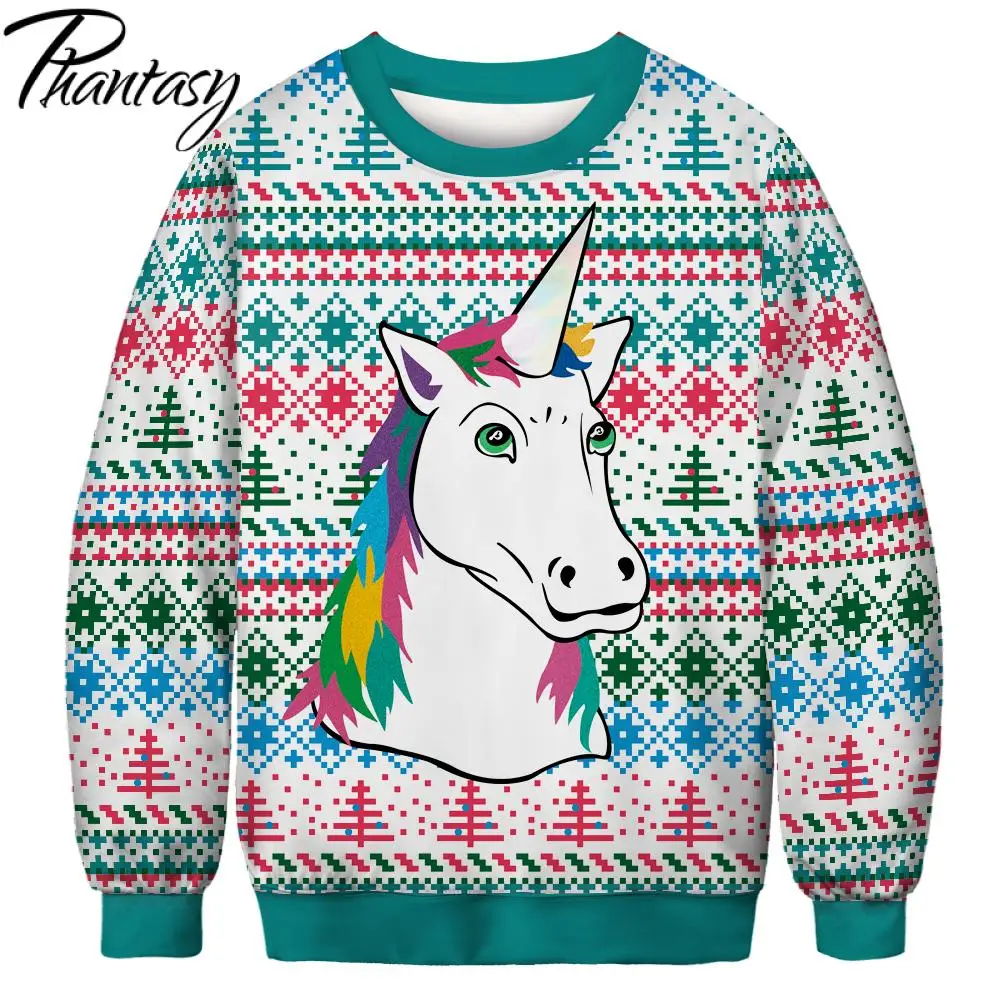 Phantasy 2020 Christmas Unicorn Sweatshirt 3D Printed New Women Xmas Pullover Jumper Fashion Clothes | Мужская одежда