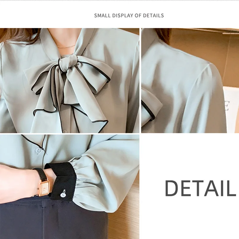 

Women Spring Bowknot Long Sleeved Chiffon Shirt Solid Mint Green / Bright Red Ladies Loose Lace-up OL Blouses & Shirts