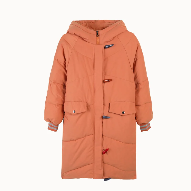 

Long Hooded Padded Coat Patchwork Horn Button Big Pocket Jacket MSFILIA Thick Casual 2020 Winter Women Sweety Solid Color Parker