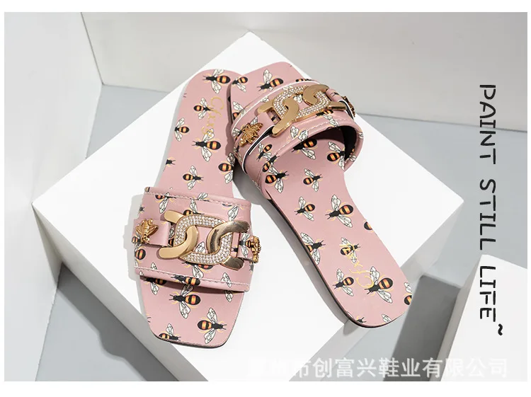 

Square toe rhinestone flat bottom women slippers metal square buckle printing casual flat sandals women shoes large size 37-42