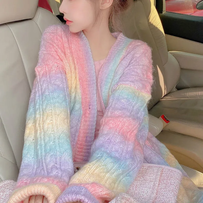 

Rainbow Knitted Cardigan Women Autumn winter Sweet Kawaii Sweater Coat Female Long Korean Button