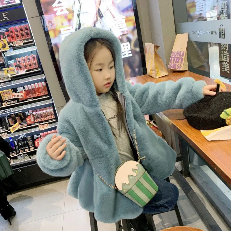 

Spring Winter Girl Coat Jackets Warm Hooded Collar Clothing Kids Teenage Children Tops Rex Rabbit Fur Solid Color Thicken 2021
