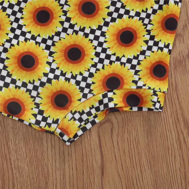 

Newborn Infant Baby Girls Boys Clothes Sets Baby Sleeveless Sling Romper Tops Sunflower Printed High Waist Shorts Headband 0-18M