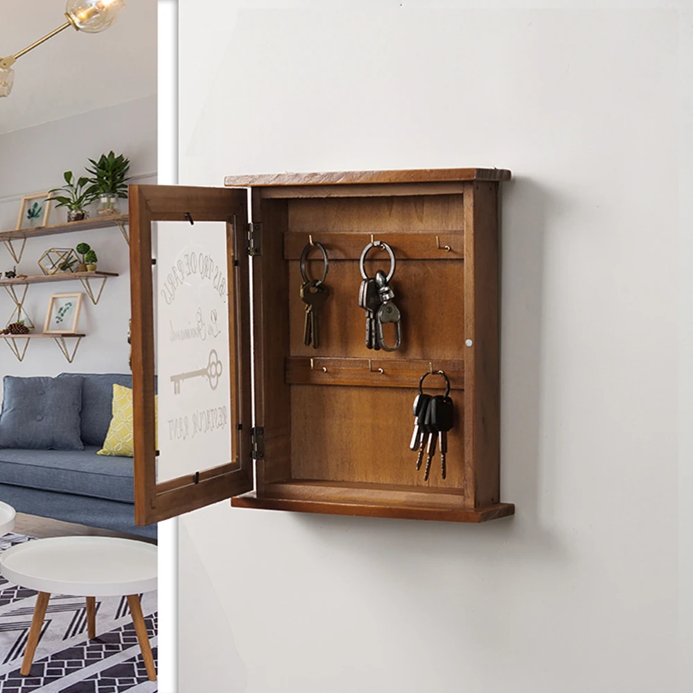 

Vintage European Style Wooden Key Cabinet Wooden Wall-Mounted Key Storage Box Decorative Key Holder Collecting Keys Organizer