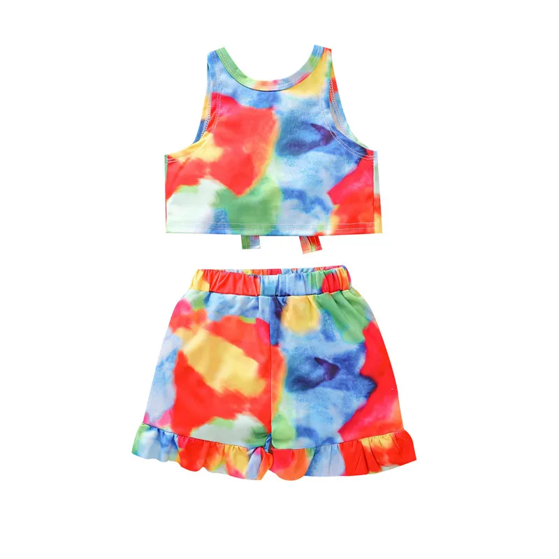 

0-24M Kids Girls 2-piece Outfit Set Sleeveless Tie-dye Print Tops+Shorts Set for Children Girls Summer Clothing