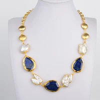 21 grey keshi pearl blue lapis 24k yellow gold plated chain necklace