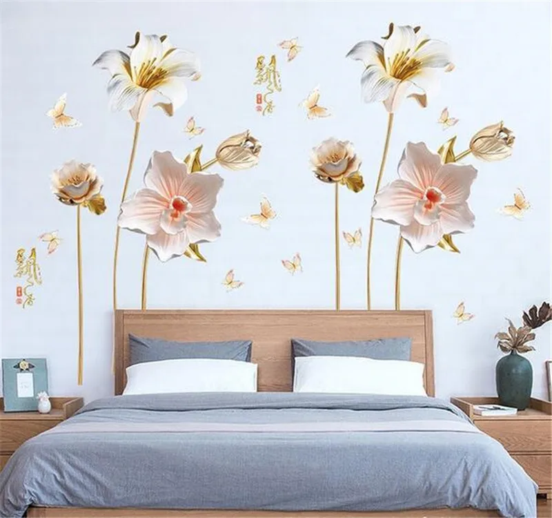 3D яркие тисненые орхидеи цветы настенные наклейки для гостиной домашний декор