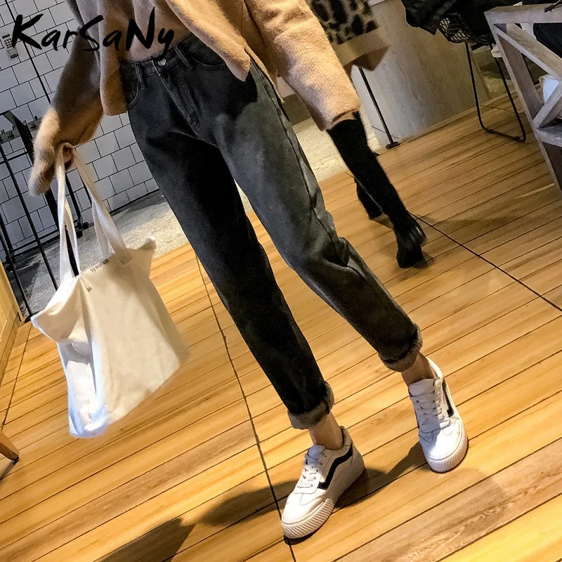 Джинсы для женщин в стиле бойфренд с высокой талией зимние теплые бархатные