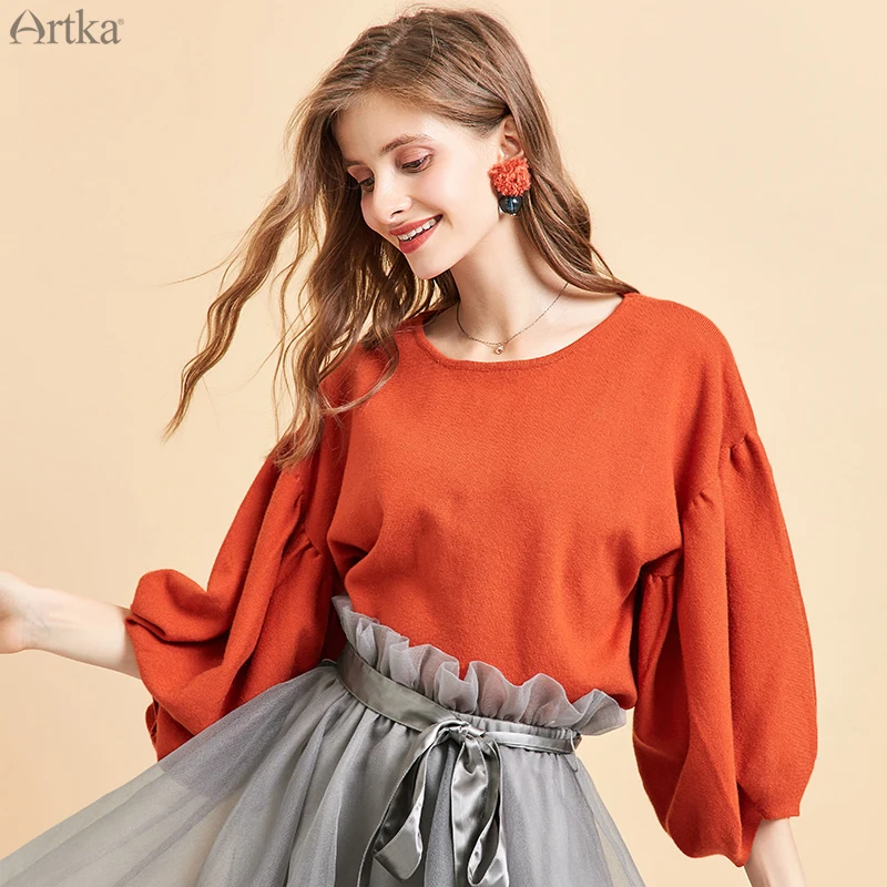 ARTKA 2019 Autumn Winter New Women Sweater Fashion Minimalist Knitted Sweaters O-Neck Pullover Lantern Sleeve YB11395Q | Женская одежда
