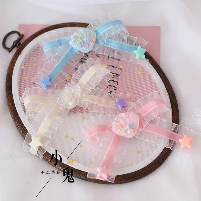 

Шпилька для волос с бантом в виде звезды и ракушки в японском стиле Лолита, зажимы для волос с краями, зажим для волос с бахромой для маленьки...